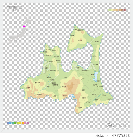 青森県の地図 等高線 色分け 市町村 区分け のイラスト素材