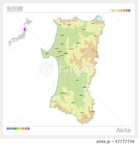 秋田県の地図 等高線 色分け 市町村 区分け のイラスト素材