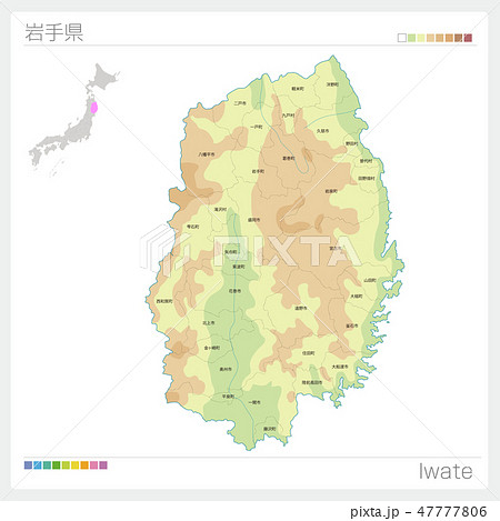 岩手県の地図（等高線・色分け・市町村・区分け）