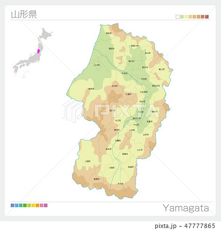 山形県の地図 等高線 色分け 市町村 区分け のイラスト素材