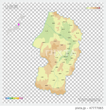 山形県の地図（等高線・色分け・市町村・区分け） 47777865