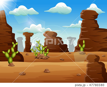 Desert Landscape Background With Rocks And Cactusのイラスト素材