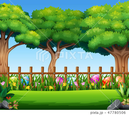 Happy easter egg nature background with big tree Happy easter egg nature background with big tree 47780506