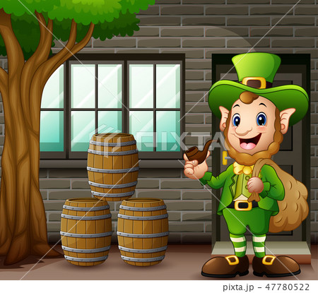 Cartoon Leprechaun carrying sack of gold 47780522