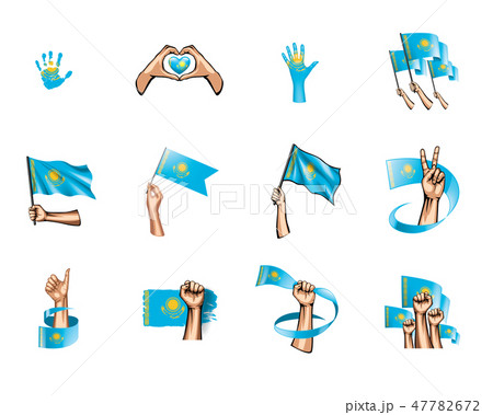 Kazakhstan flag and hand on white background. Vector illustration 47782672