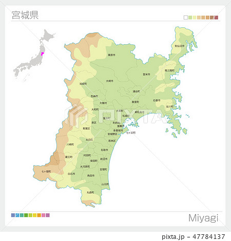 宮城県の地図 等高線 色分け 市町村 区分け のイラスト素材