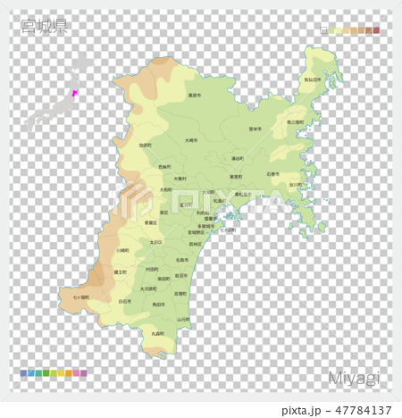 宮城県の地図 等高線 色分け 市町村 区分け のイラスト素材