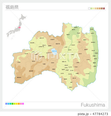 福島県の地図（等高線・色分け・市町村・区分け）