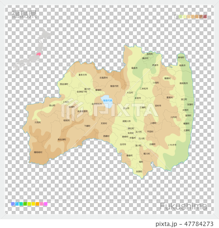 福島県の地図 等高線 色分け 市町村 区分け のイラスト素材