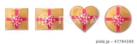Golden giftbox set with pink bow Vector realisti 47784389
