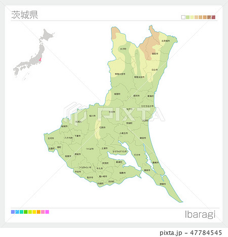 茨城県の地図 等高線 色分け 市町村 区分け のイラスト素材