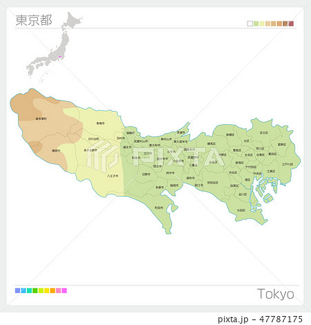 東京都の地図（等高線・色分け・市町村・区分け）
