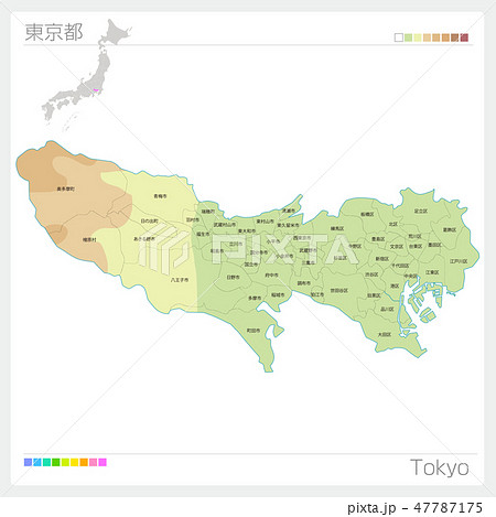 東京都の地図 等高線 色分け 市町村 区分け のイラスト素材 47787175 Pixta