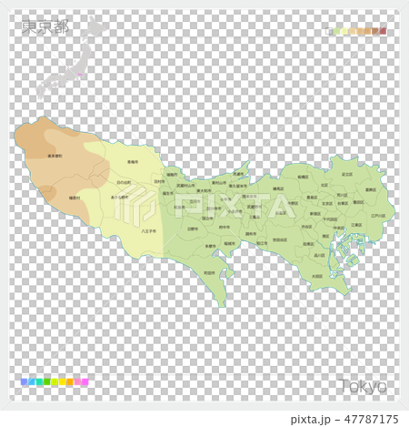 東京都の地図 等高線 色分け 市町村 区分け のイラスト素材