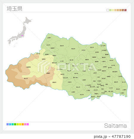 埼玉県の地図 等高線 色分け 市町村 区分け のイラスト素材