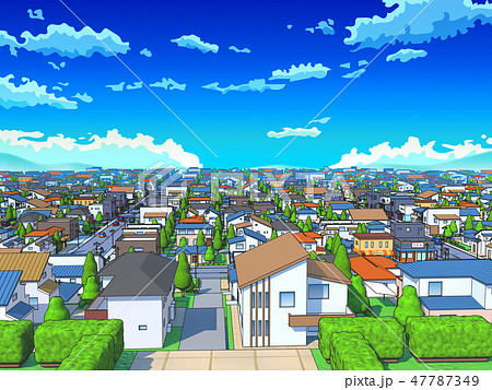 街 住宅街 タウン 丘の上 町 風景 のイラスト素材 47787349 Pixta