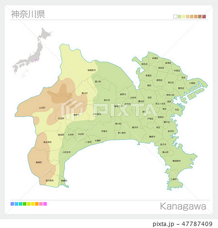 神奈川県の地図 等高線 色分け 市町村 区分け のイラスト素材