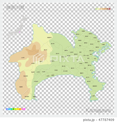 神奈川県の地図 等高線 色分け 市町村 区分け のイラスト素材