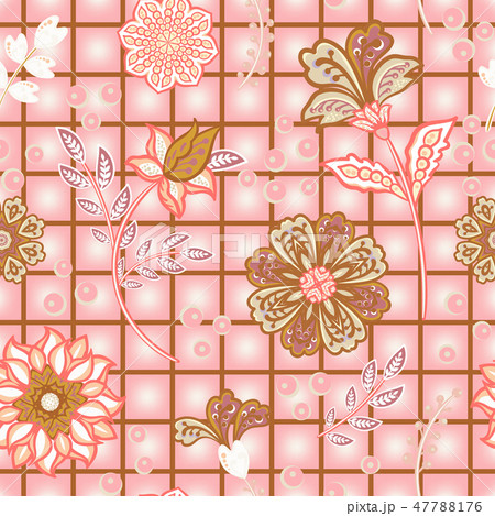 Hand draw blooming garden flowers on window check or grid seamless pattern. Vector repeat pattern Hand draw blooming garden flowers on window check or grid seamless pattern. Vector repeat pattern 47788176