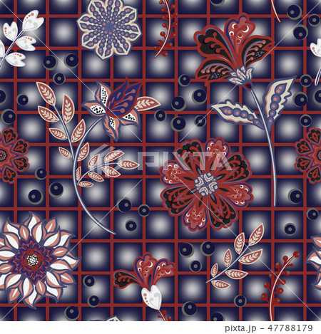 Hand draw blooming garden flowers on window check or grid seamless pattern. Vector repeat pattern 47788179