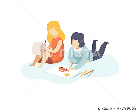 Cute Boy and Girl Drawing with Pencils, Kids Creativity, Education, Development Vector Illustration Cute Boy and Girl Drawing with Pencils, Kids Creativity, Education, Development Vector Illustration 47789668