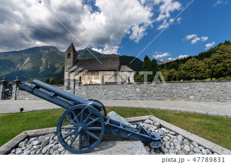 Church of Pinzolo with war cannon - Trentino Italy 47789831