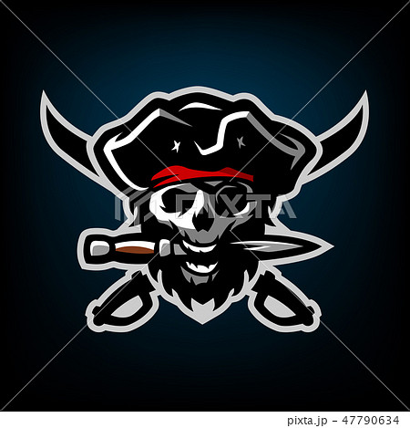 The skull of a pirate, with a dagger in his teeth. 47790634
