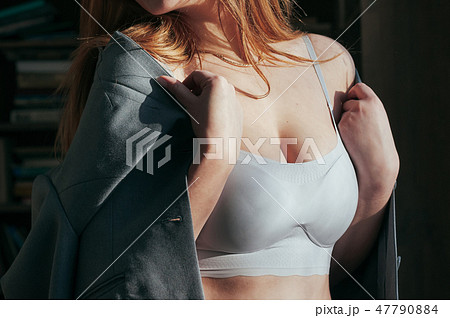 girl in a blue grey bra and jacket, fashion girl in a blue grey bra and jacket, fashion 47790884