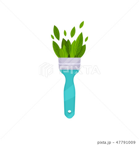 Bright green leaves in blue paint brush handle. Creative natural composition. Nature theme. Flat Bright green leaves in blue paint brush handle. Creative natural composition. Nature theme. Flat 47791009
