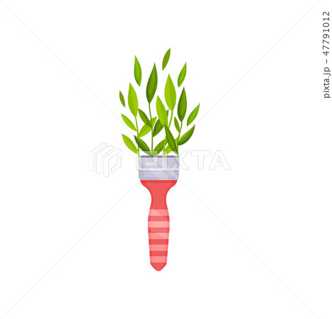 Twigs with green leaves in pink paint brush handle. Spring season. Nature and botany theme. Flat 47791012