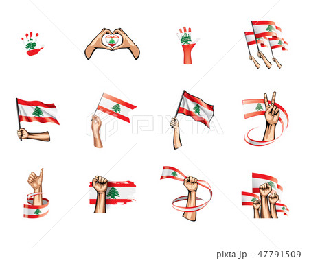 Lebanese flag and hand on white background. Vector illustration 47791509
