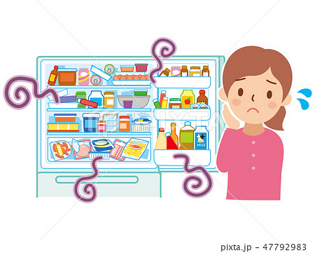 乱雑な冷蔵庫と困る女性のイラスト素材
