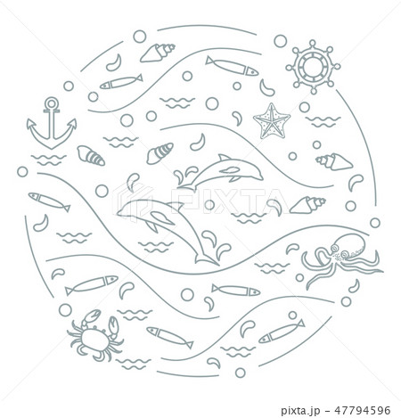 dolphins, octopus, fish, anchor, helm, waves, 47794596