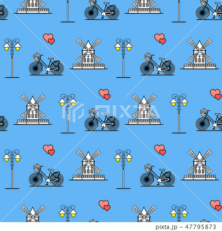 Seamless pattern with windmill, bicycle, lantern 47795873