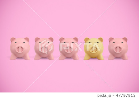 3d rendering of five piggy banks standing in a row on a pink background. 3d rendering of five piggy banks standing in a row on a pink background. 47797915
