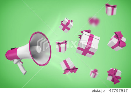 3d rendering of white and violet megaphone hangs on a green background with many gift boxes flying 3d rendering of white and violet megaphone hangs on a green background with many gift boxes flying 47797917