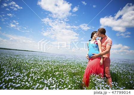 Portrait of a beautiful pregnant couple in field 47799014