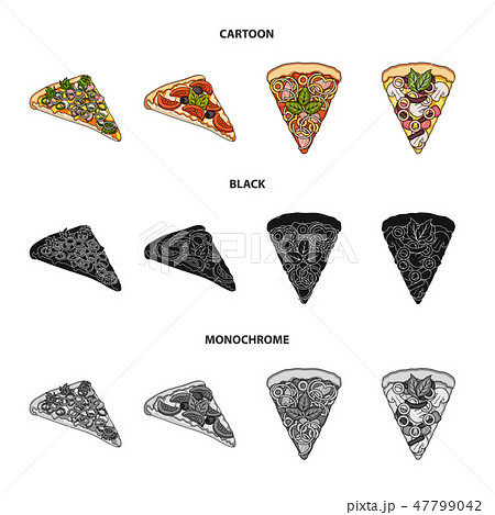 A slice of pizza with different ingredients. Different pizza set collection icons in cartoon,black 47799042