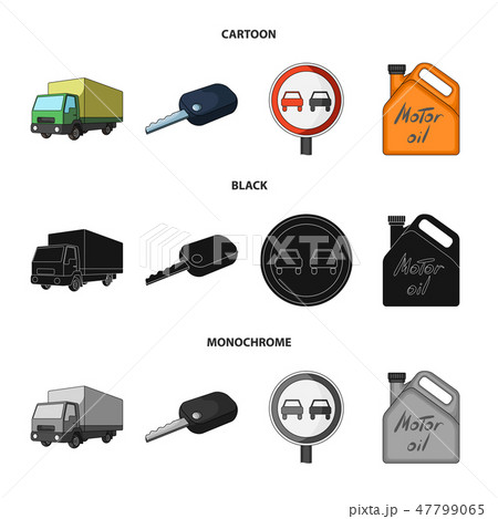 Truck with awning, ignition key, prohibitory sign, engine oil in canister, Vehicle set collection 47799065