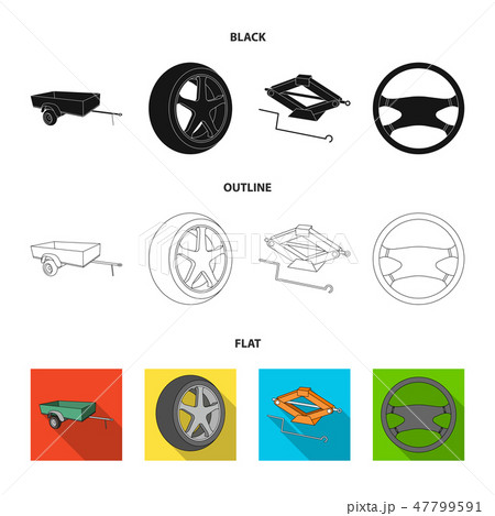 Caravan, wheel with tire cover, mechanical jack, steering wheel, Car set collection icons in cartoon Caravan, wheel with tire cover, mechanical jack, steering wheel, Car set collection icons in cartoon 47799591