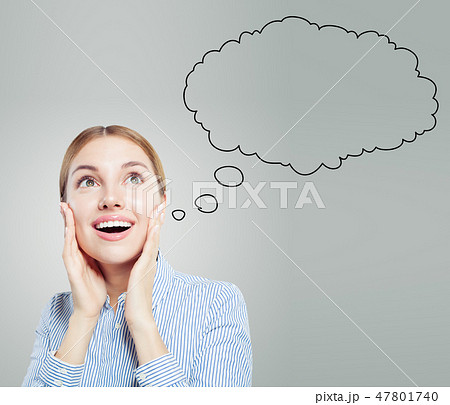 Happy surprised woman with empty hand Happy surprised woman with empty hand 47801740