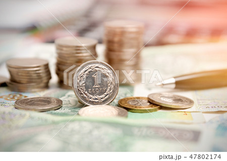 Polish currency, stack of Polish coins 47802174