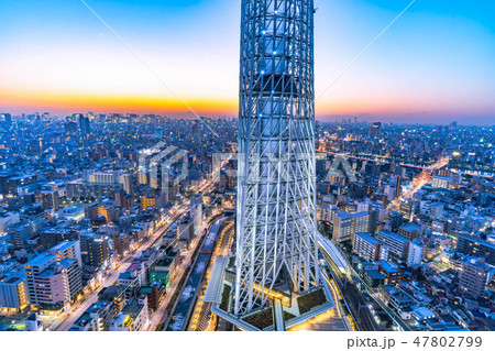 スカイツリーの根本　夜景 月　スカイツリーイーストタワーより　【東京都】 47802799