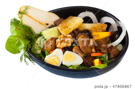 Chicken hearts in salad with roasted cheese, peach, pear, quail eggs 47806867