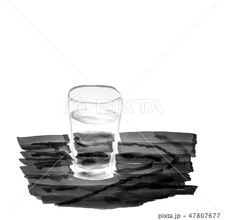 コップ一杯の水 水墨画イラスト グレー 手書きのイラスト素材