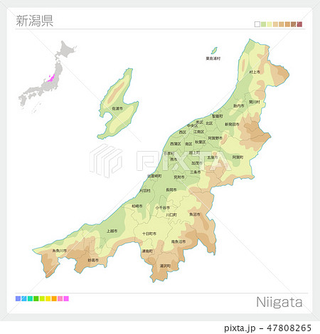 新潟県の地図（等高線・色分け・市町村・区分け）