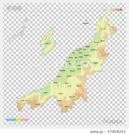 新潟県の地図 等高線 色分け 市町村 区分け のイラスト素材
