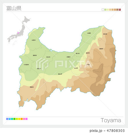 富山県の地図（等高線・色分け・市町村・区分け）