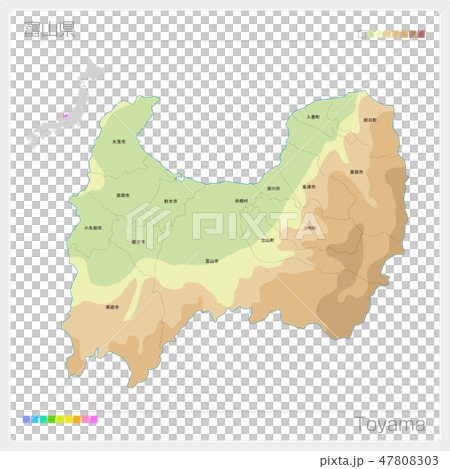 富山県の地図 等高線 色分け 市町村 区分け のイラスト素材