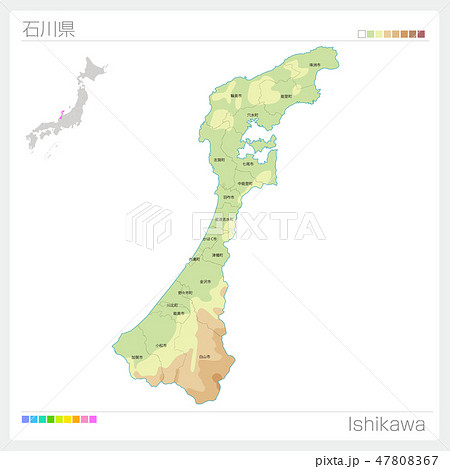 石川県の地図（等高線・色分け・市町村・区分け）